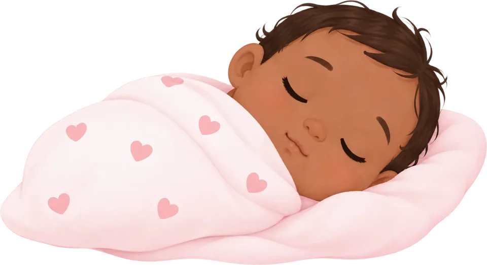 Illustration of a baby asleep under a pink blanket with hearts on it.